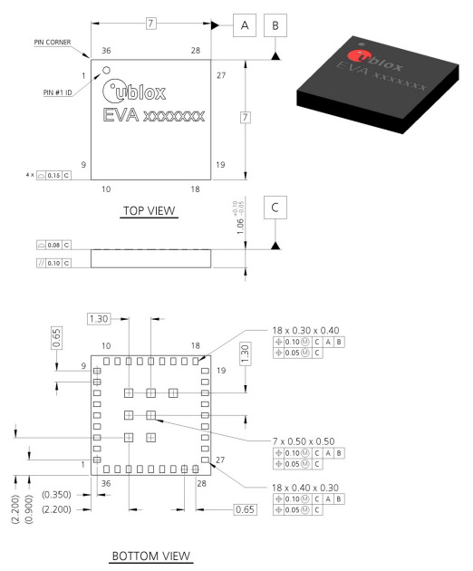 U-BLOX EVA-8M-0-10 Package Dimensions