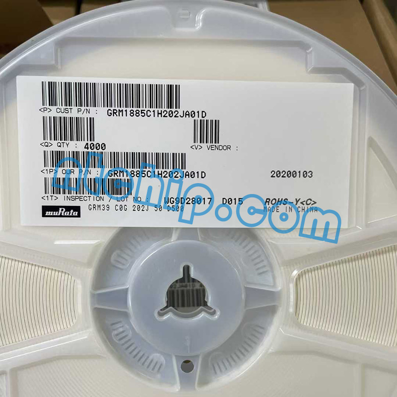 capacitor  Murata Electronics GRM1885C1H202JA01D reel label
