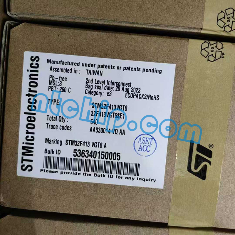 STMicroelectronics STM32F413VGT6 part box's label STMicroelectronics STM32F413VGT6 part box's label