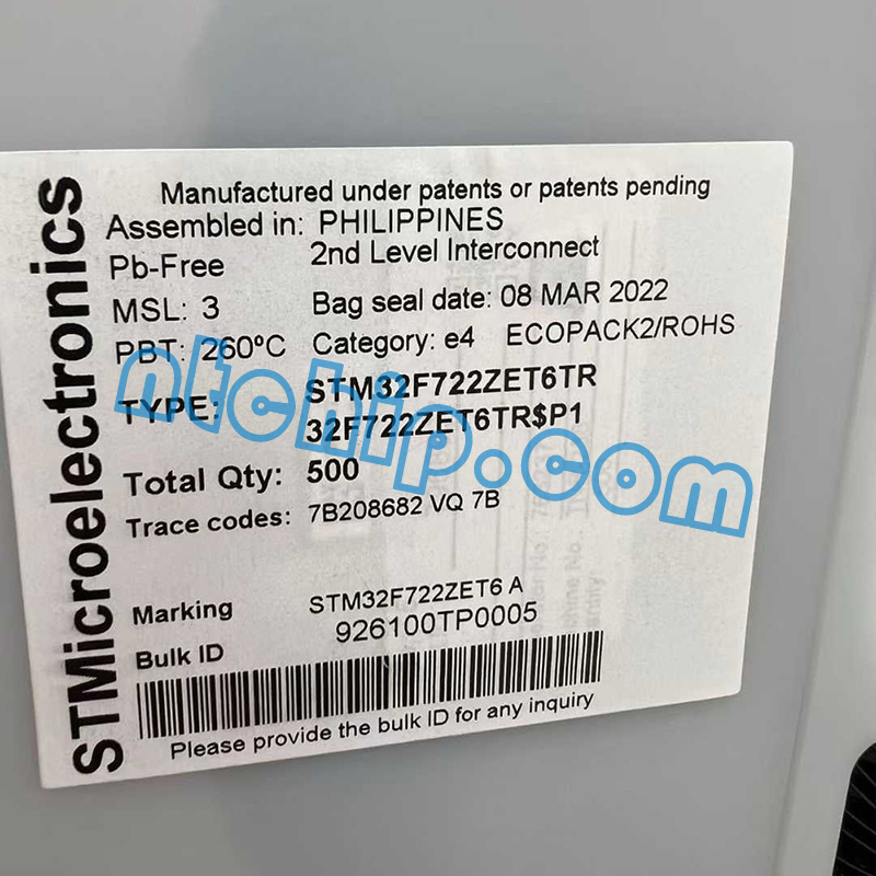 STMicroelectronics STM32F722ZET6TR original reel label