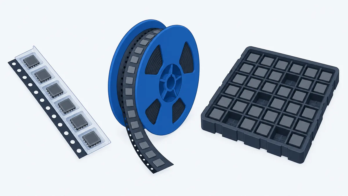 Conceptual illustration comparing a strip of cut tape, a component reel, and a component tray on a light gray background