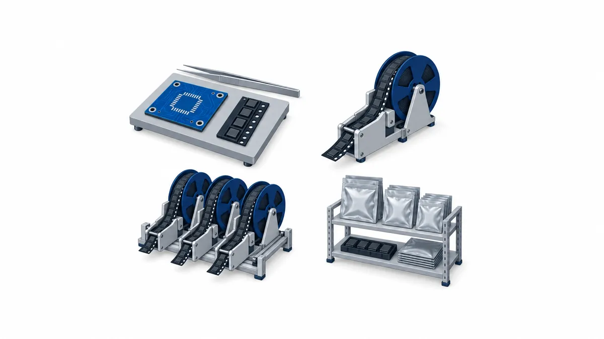 Conceptual illustration of four purchasing scenarios: a prototype bench, a pilot line, a production line, and a maintenance spares shelf
