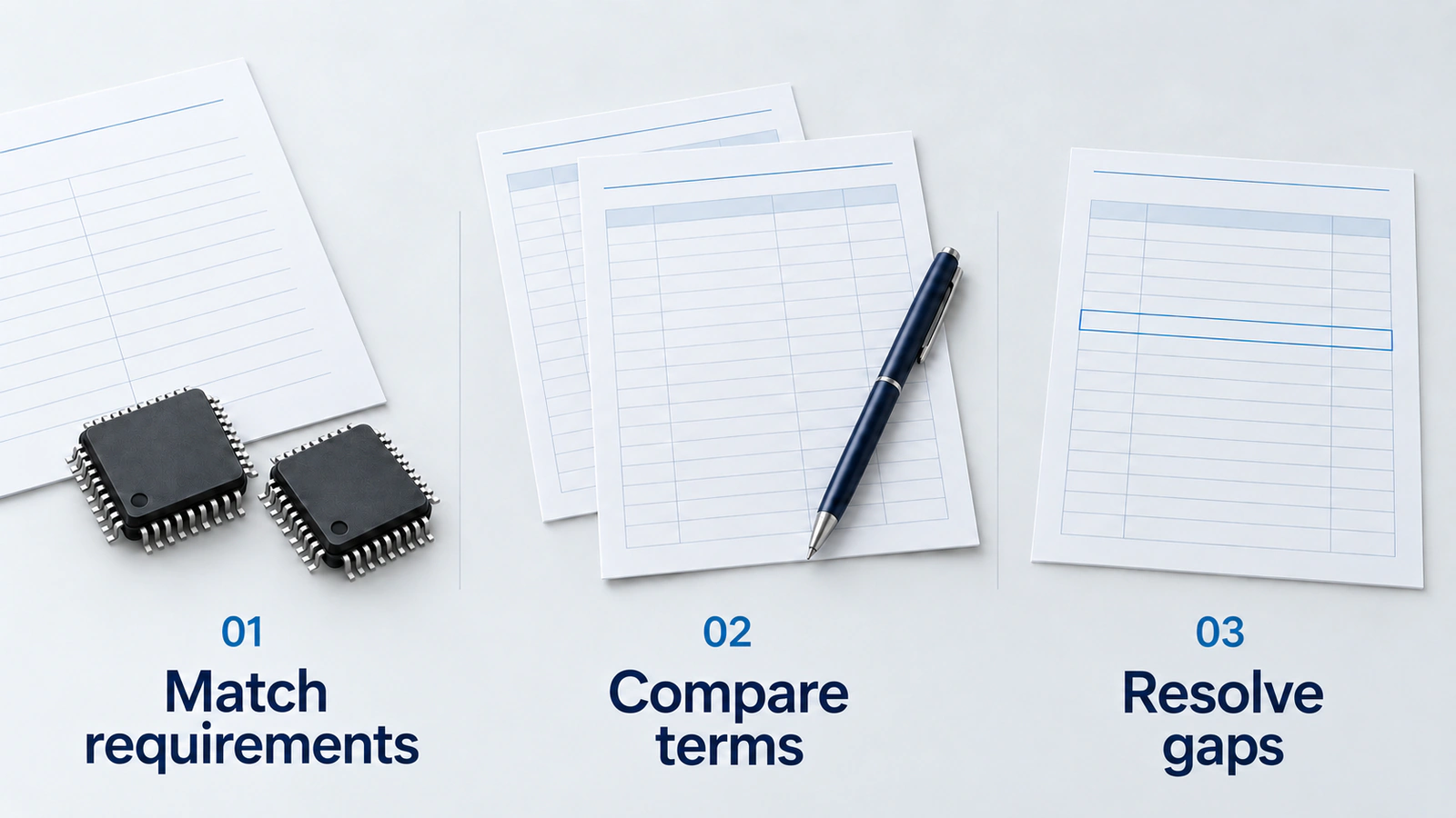 Match requirements, compare terms, resolve gaps Match requirements, compare terms, resolve gaps