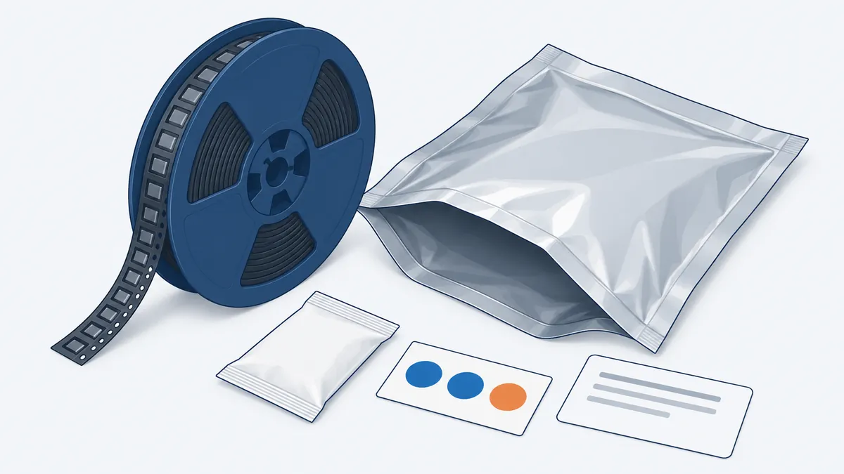 Conceptual illustration of a component reel beside a moisture barrier bag, desiccant pack, humidity indicator card, and blank label