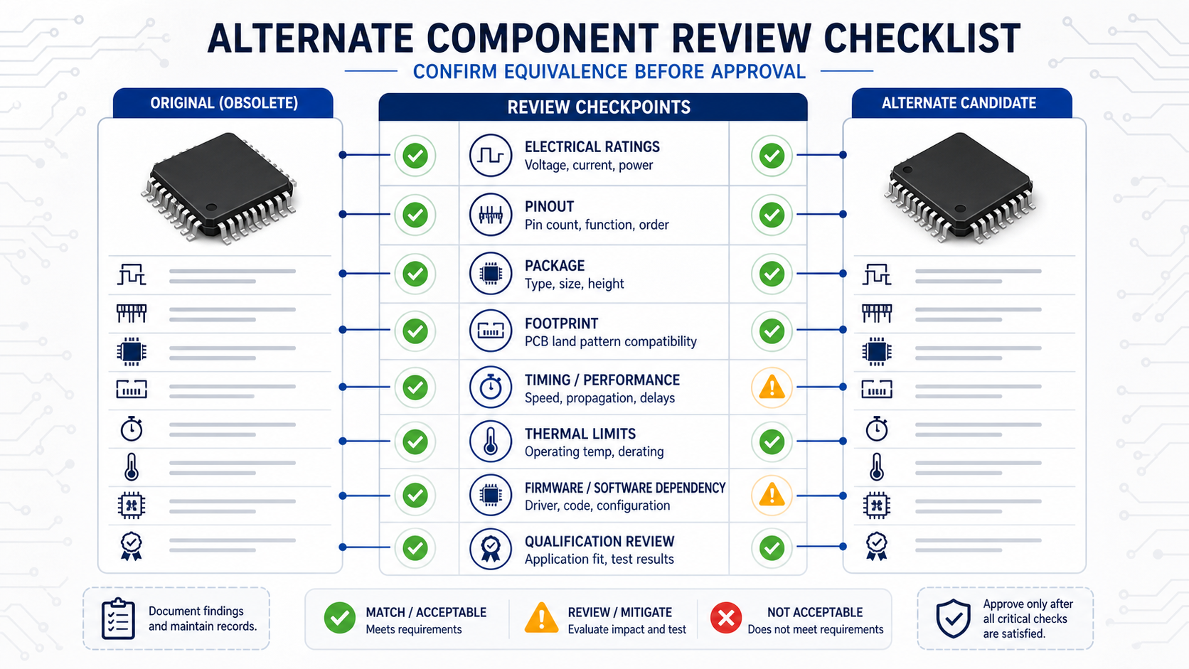 Alternate component review checklist for obsolete parts