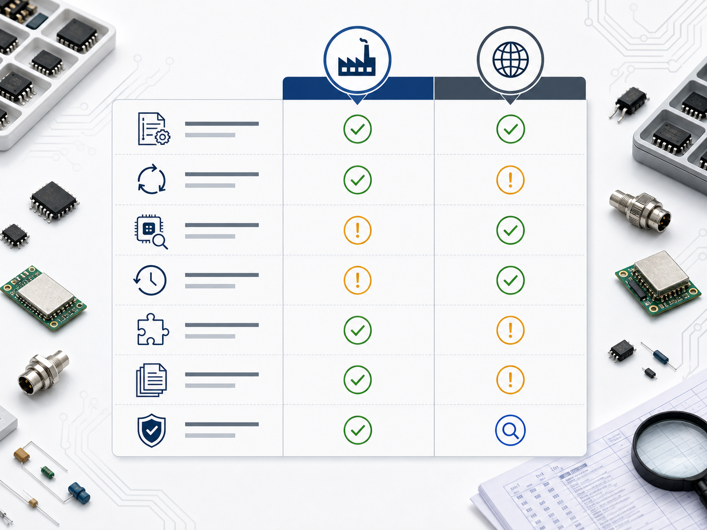 Distributor decision matrix for authorized and independent electronic component sourcing