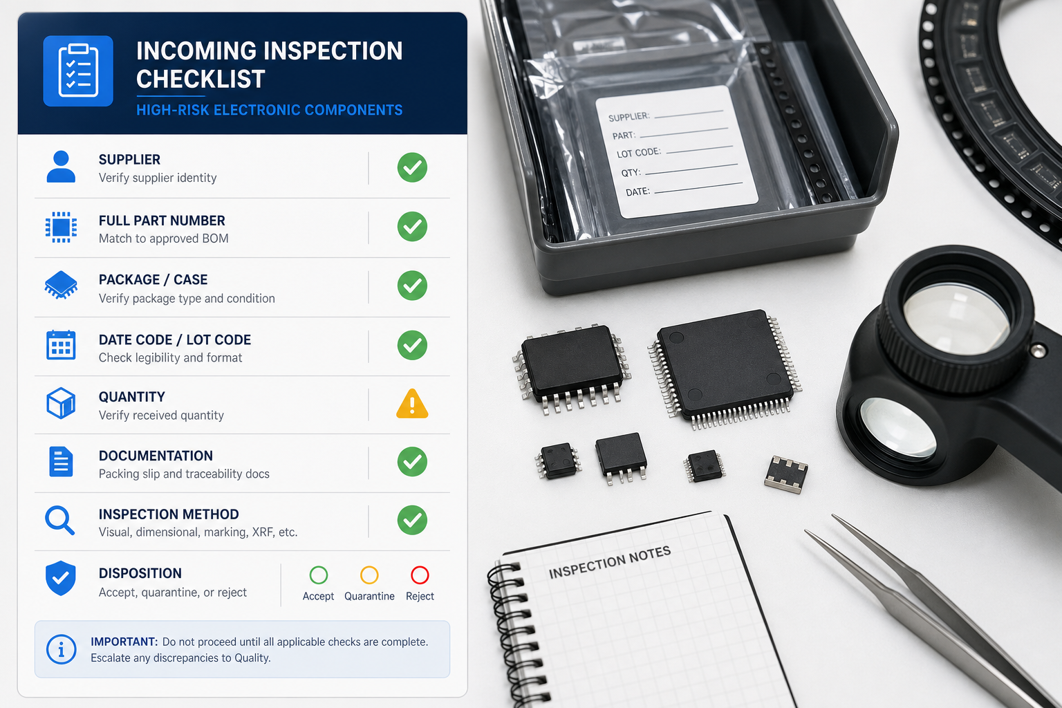 Incoming inspection checklist for high-risk electronic components