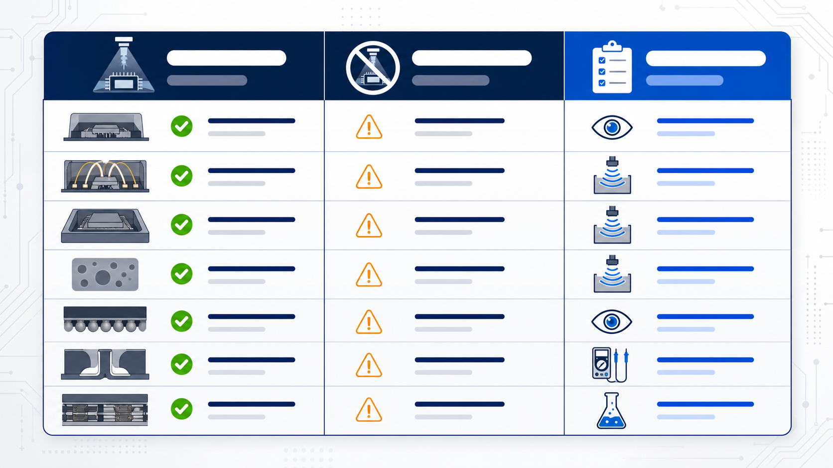Matrix showing X-Ray detectable items and complementary inspection methods
