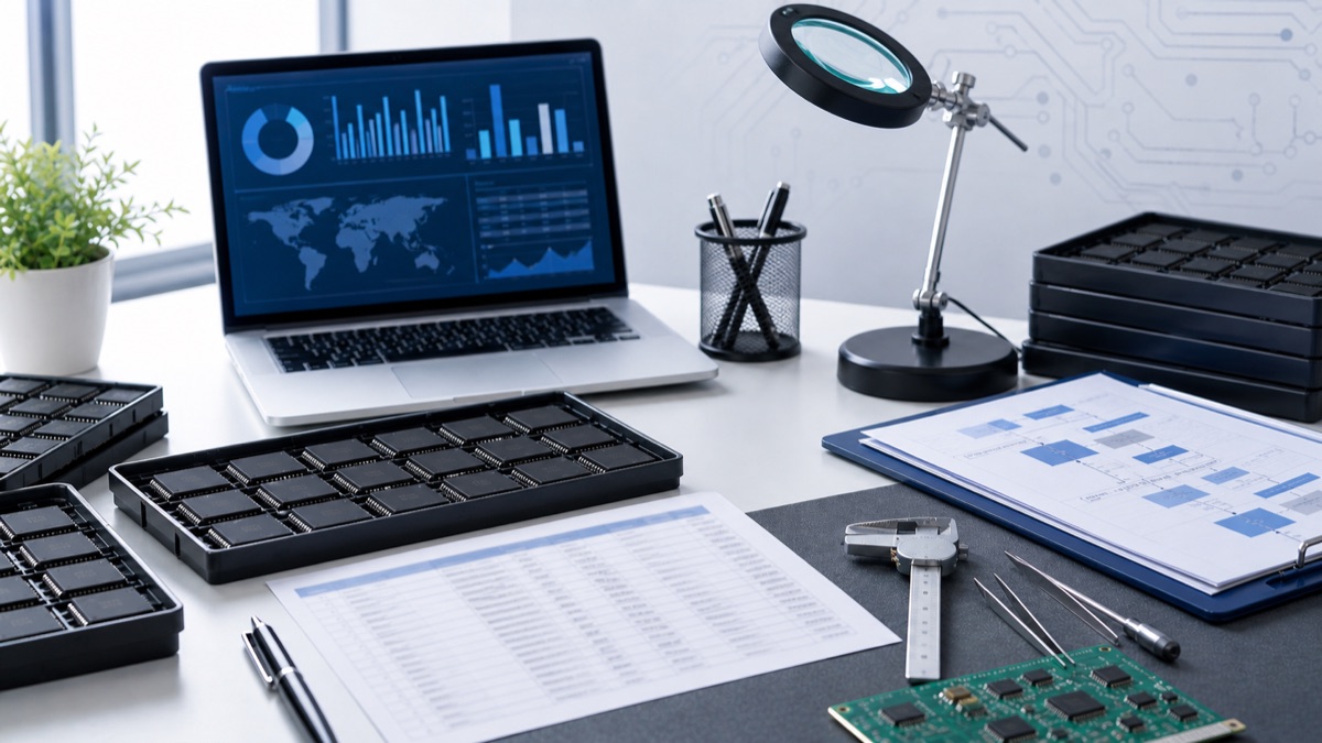 China IC sourcing workspace with components, BOM, laptop, and inspection tools