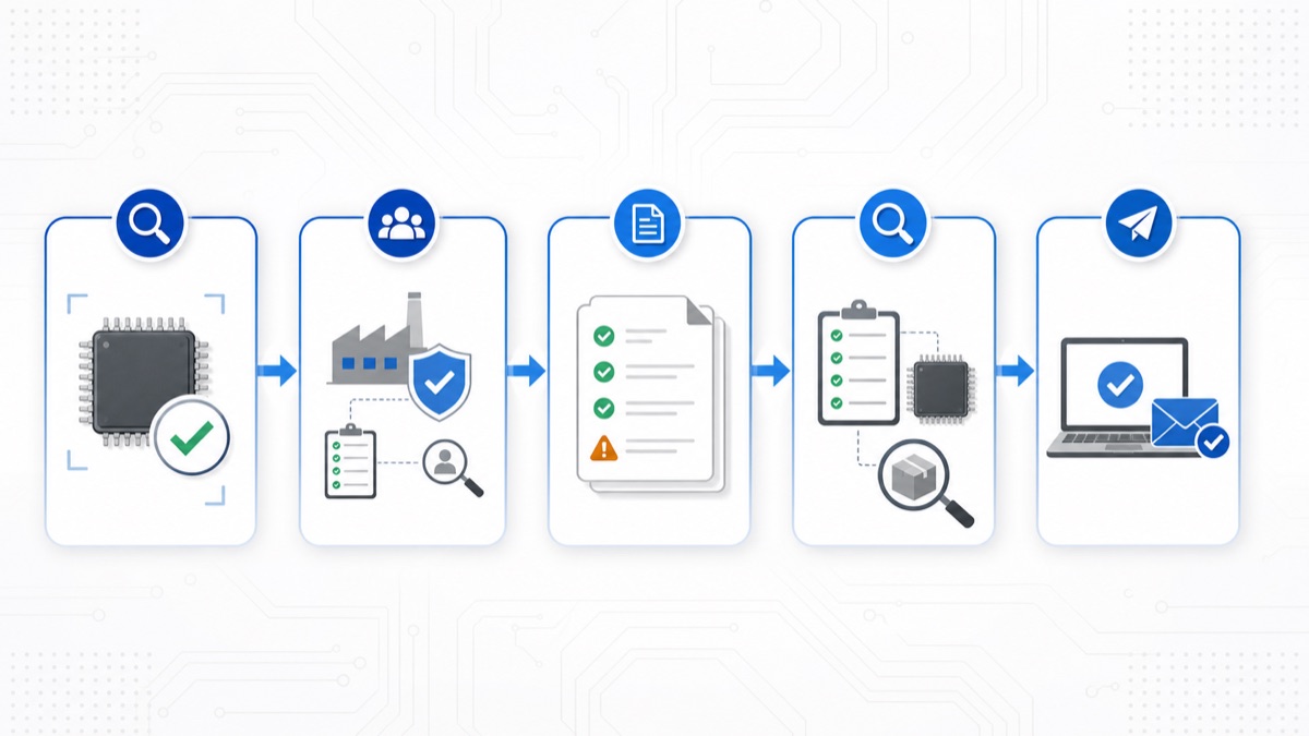 IC sourcing risk-control workflow with part verification, supplier review, documentation, inspection planning, and RFQ confirmation