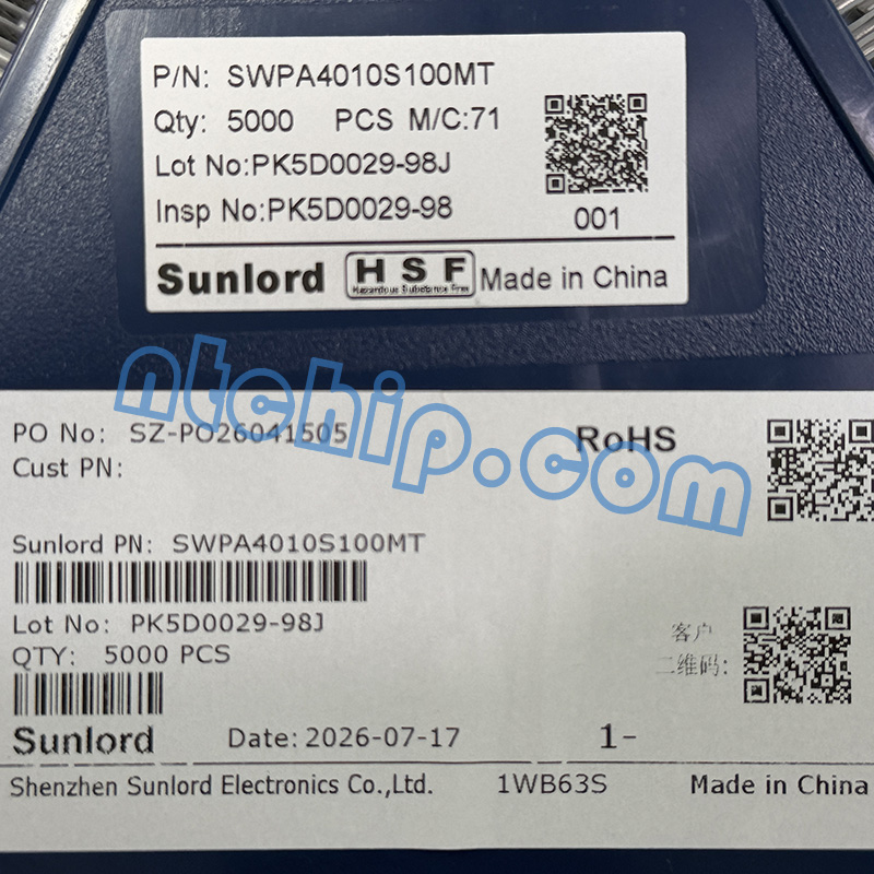 Sunlord SWPA4010S100MT reel label