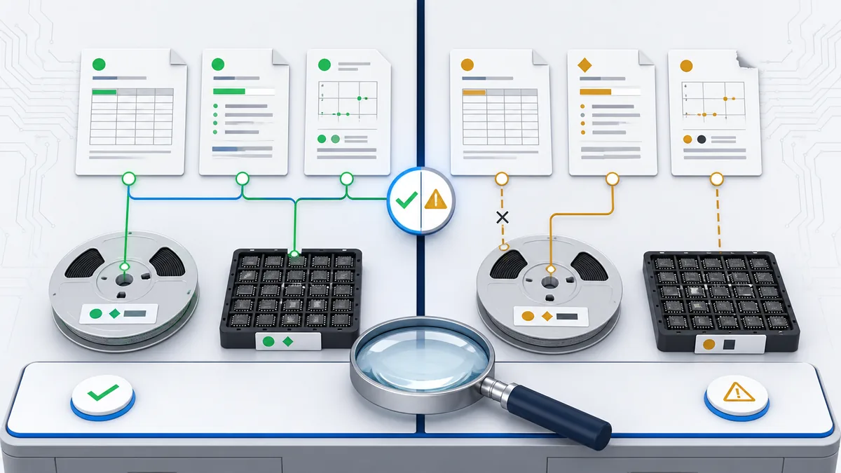 Electronic component document review showing matched records and traceability red flags