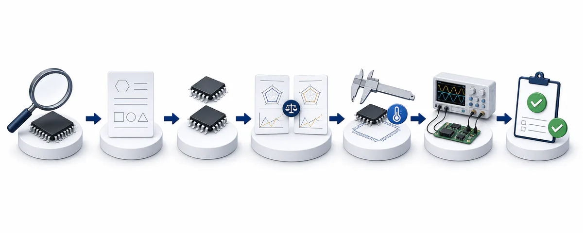 Visual workflow from exact component identification through comparison, testing, and approval