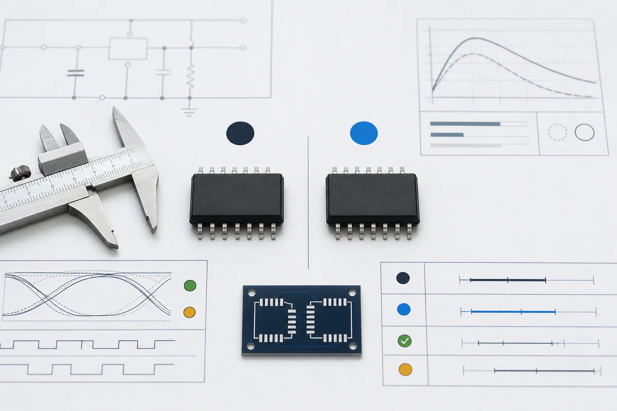 Two unbranded electronic components being compared with package and datasheet review tools