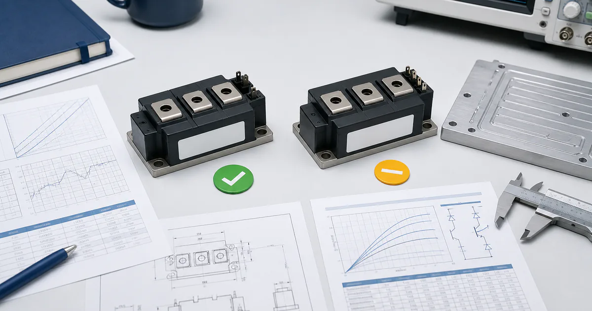 Engineer's desk comparing an original and candidate IGBT module with datasheets and test evidence Engineer's desk comparing an original and candidate IGBT module with datasheets and test evidence