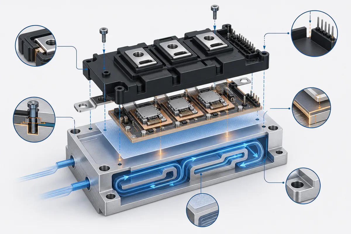 Exploded view of an IGBT module, thermal interface, heatsink, terminals, and mounting points Exploded view of an IGBT module, thermal interface, heatsink, terminals, and mounting points