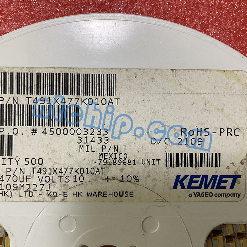KEMET T491X477K010AT reel label