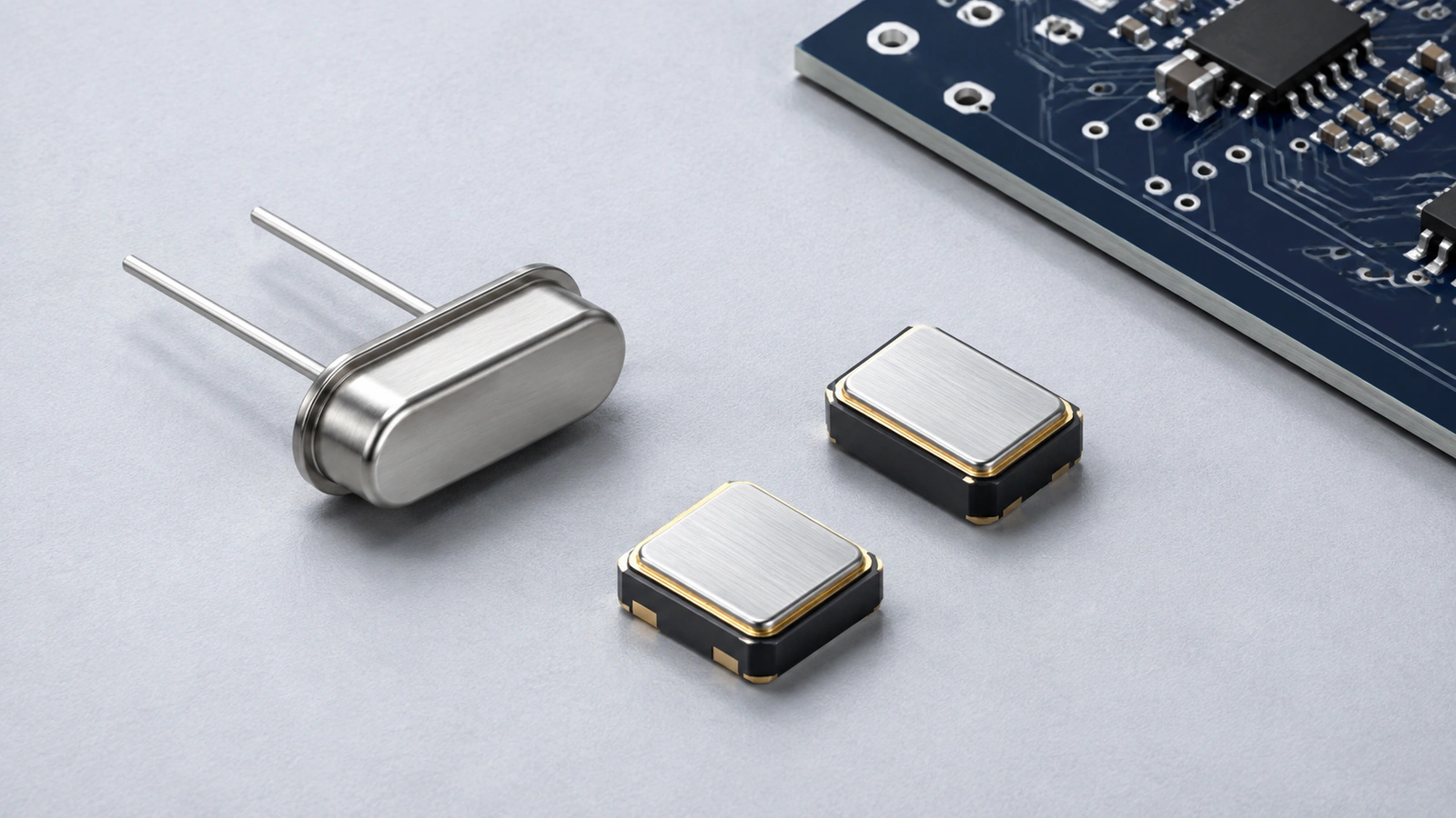Quartz timing packages beside a circuit board
